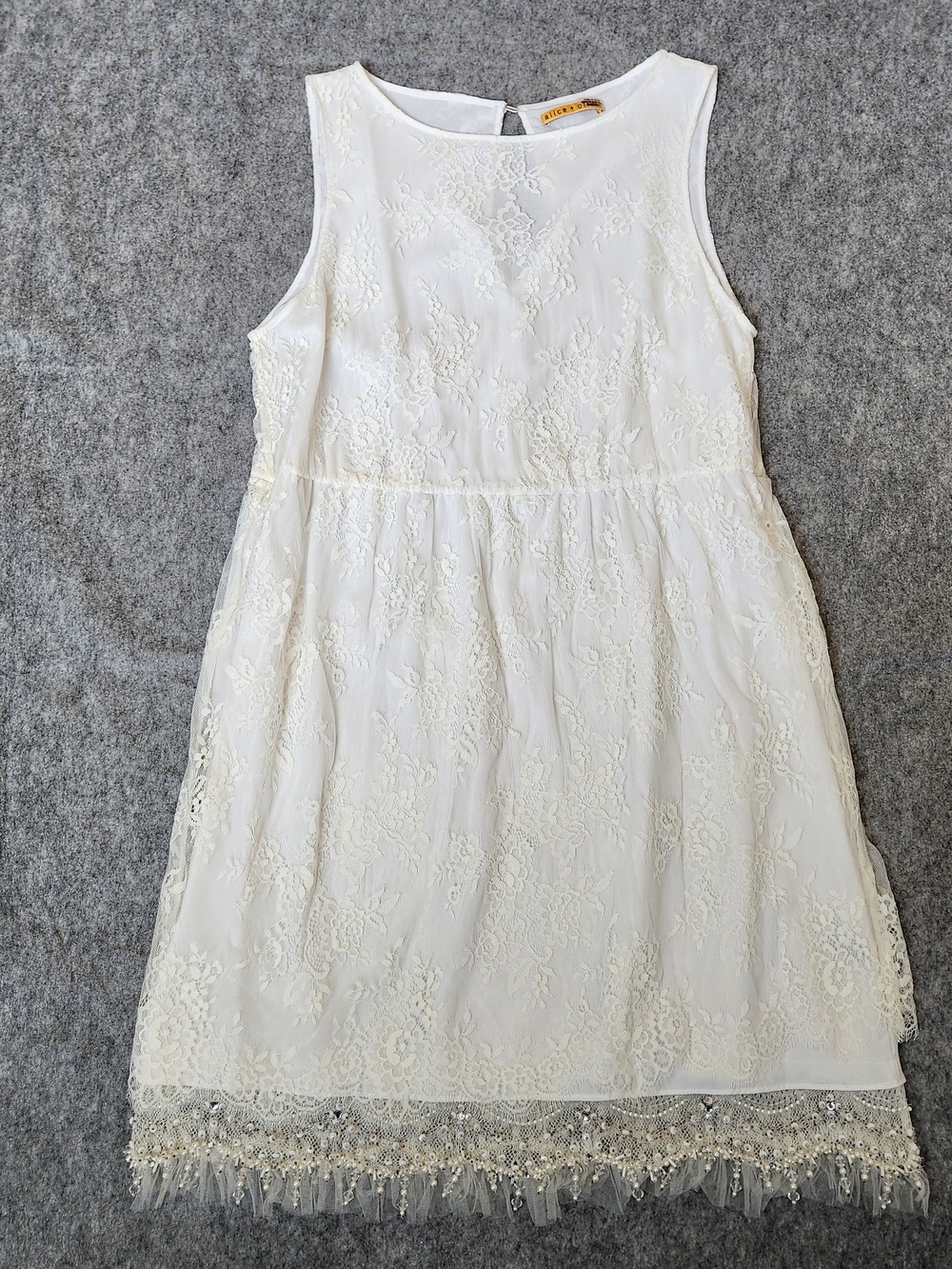 Alice + Olivia Lace Beaded Hem Mini Bridal Cocktail Dress Women's M Beige Tiered